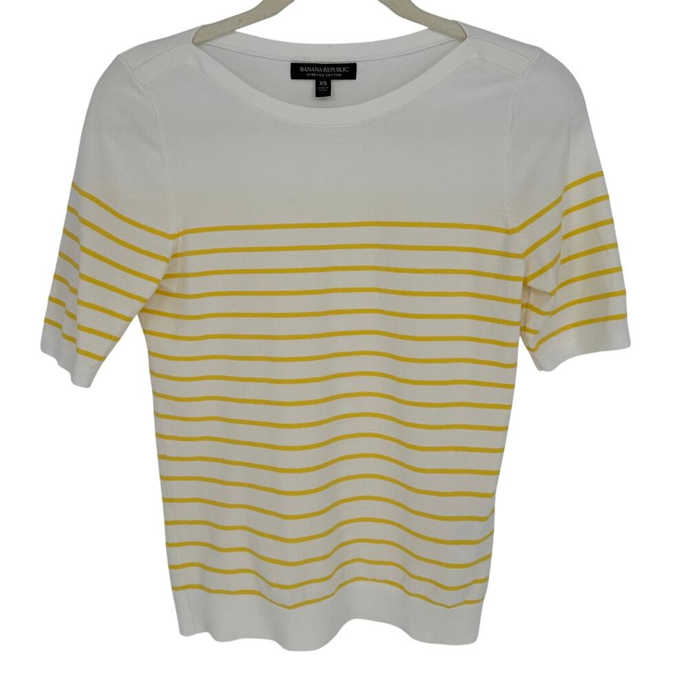 Banana Republic‎ Striped Boat Neck Top White Yellow Stretch Cotton Summer Tee XS